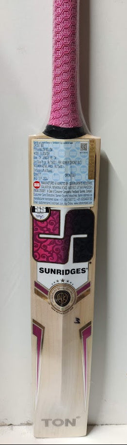 Crickets bat with pink handle and visible branding on a white background