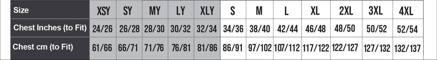 874 Edge Pro Poly Hoodie size guide with chest measurements in inches and centimeters.