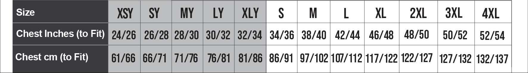 874 Edge Pro Poly Hoodie size guide with chest measurements in inches and centimeters.