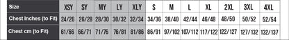 874 Edge Pro Poly Hoodie size guide with chest measurements in inches and centimeters.