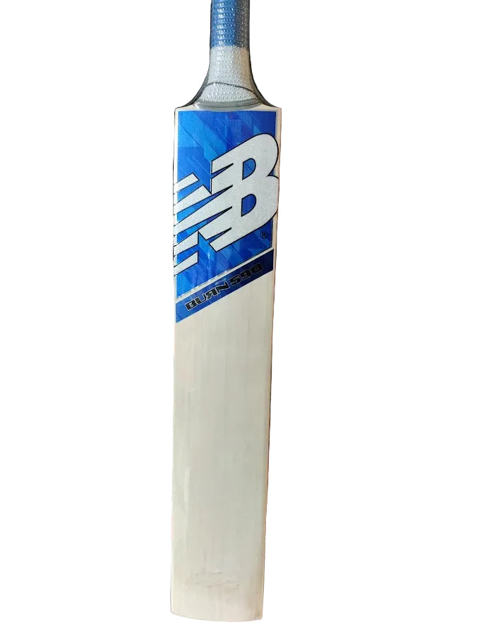 White cricket bat with blue and red New Balance logo on a background of stacked red boxes.